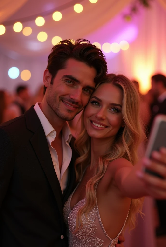 (Photorealism:1.2), man in a suit dark brown hair brown eyes hugging a woman blonde green eyes long hair wearing a very pretty dress taking a first person selfie at a wedding party 8k ultra realistic photorealistic super detailed the best possible