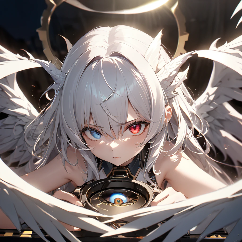 最high quality, wonderful_delicate, wonderful delicate eyes, Super detailed, beautiful, 8k , One girl, Red eyes, evil, Facial Contour,(Absurd, High resolution, Super detailed), masterpiece, The perfect solution, wonderfulディテール, Super Detailed, Cinema Lighting, Ray Tracing, Depth of written boundary, Cinema Lighting, Ray Tracing, 超High resolution, Attention to detail, 最high quality, High resolution, high quality, Awards, Super Detail, masterpiece, 8k, 超High resolution, Attention to detail, 最high quality, High resolution, high quality, Awards, Super Detail, masterpiece, 8k, Digital Art, Anime Coloring,It looks like a holy monster angel，His eyes were waiting for heterochromia，His entire body is made up of one giant eye，A metal ring around one eye，The ring crawls with the eyeball，The dragon has many wings on a white holy angel,Machine gun in both hands。