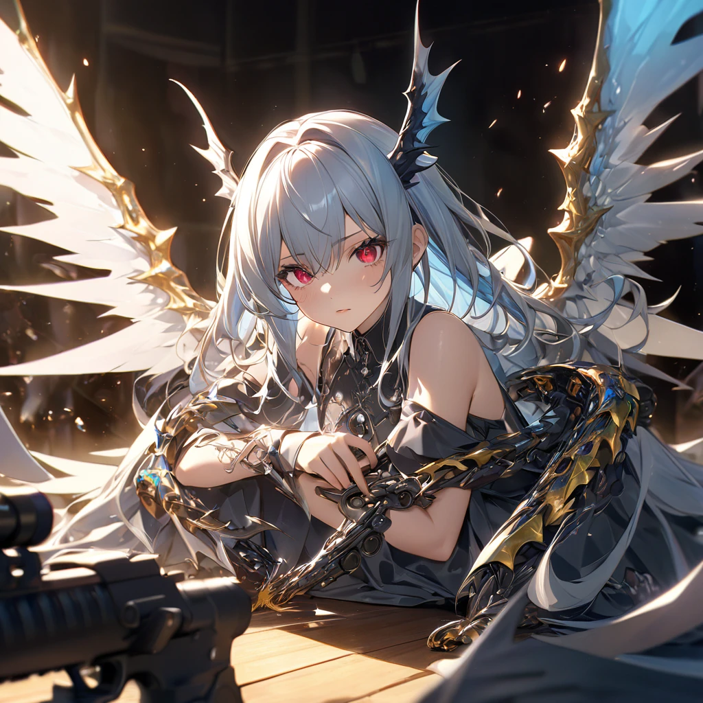 最high quality, wonderful_delicate, wonderful delicate eyes, Super detailed, beautiful, 8k , One girl, Red eyes, evil, Facial Contour,(Absurd, High resolution, Super detailed), masterpiece, The perfect solution, wonderfulディテール, Super Detailed, Cinema Lighting, Ray Tracing, Depth of written boundary, Cinema Lighting, Ray Tracing, 超High resolution, Attention to detail, 最high quality, High resolution, high quality, Awards, Super Detail, masterpiece, 8k, 超High resolution, Attention to detail, 最high quality, High resolution, high quality, Awards, Super Detail, masterpiece, 8k, Digital Art, Anime Coloring,It looks like a holy monster angel,His eyes were waiting for heterochromia,His entire body is made up of one giant eye,A metal ring around one eye,The ring crawls with the eyeball,The dragon has many wings on a white holy angel,Machine gun in both hands。