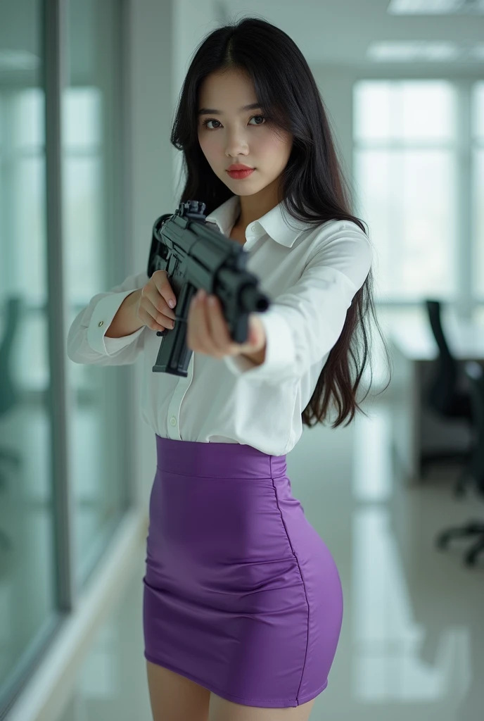 camera back view facing real person eyes open realistic beautiful korean office lady white shirt tight mini skirt satin violet stance legs open spreading arms straighten full portrait holding rifle gun back view facing sexy legs waist level aiming target point at you