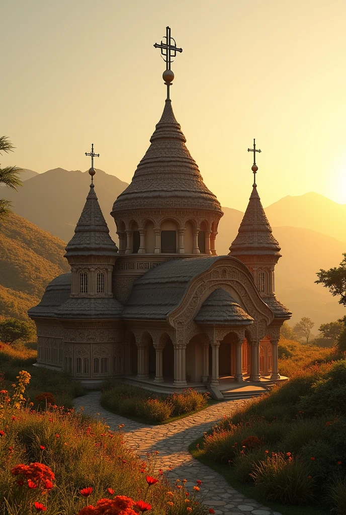 Create an image depicting an intricately detailed Ethiopian Orthodox Church. The architecture is traditional, with its unique dome, and dense geometric patterns adorning its exterior. Thatched roofs speak of the region's authenticity. Tall, slender crosses reach towards the sky from the peak of the dome. Surrounding the church is a beautiful landscape composed of the highlands with rolling green hills, vibrant shrubs, and wildflowers swaying in the gentle breeze. The sun is setting, casting a warm, golden hue onto the scene, creating dramatic and enchanting shadows.