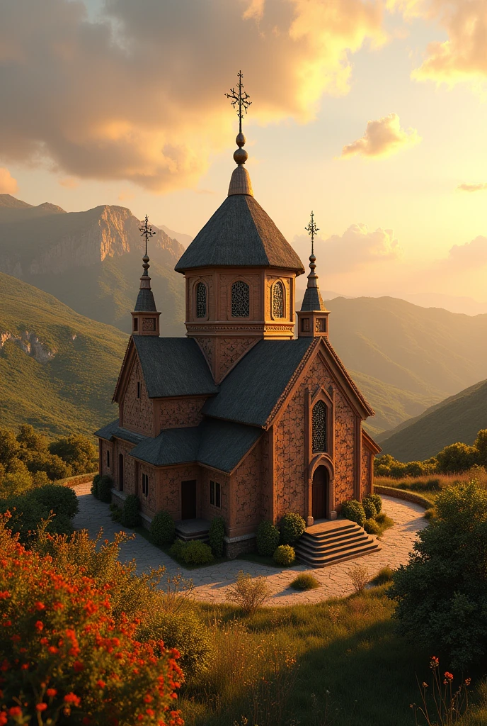 Create an image depicting an intricately detailed Ethiopian Orthodox Church. The architecture is traditional, with its unique dome, and dense geometric patterns adorning its exterior. Thatched roofs speak of the region's authenticity. Tall, slender crosses reach towards the sky from the peak of the dome. Surrounding the church is a beautiful landscape composed of the highlands with rolling green hills, vibrant shrubs, and wildflowers swaying in the gentle breeze. The sun is setting, casting a warm, golden hue onto the scene, creating dramatic and enchanting shadows.
