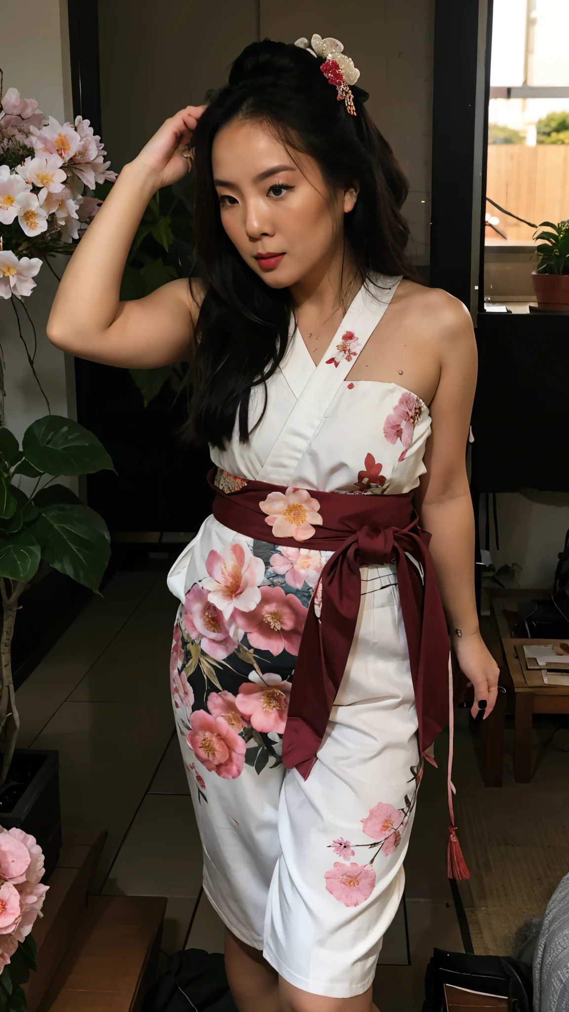 score_9, score_8_up, score_7_up, sexy asian girl, 1girl, japanese geisha, 2, face close up, long hair, big brown eyes, nihongami, geisha makeup, seducing viewer, hearts, head is outside the frame, anal penetration, bonsai, sakura, cherry blossom, submission, sunset, flowers, plants, Inside a Japanese house, cinematic lightings, spreading legs, showying pussy, shaved pussy