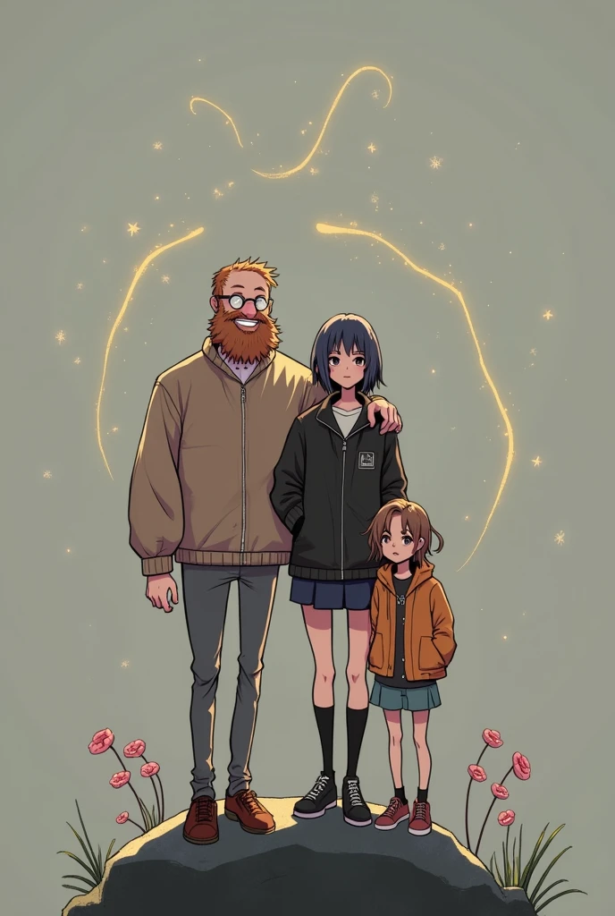 Family of four: a chubby father with a beard, a skinny mother with matted hair, a girl and a girl, manga with stylish clothes