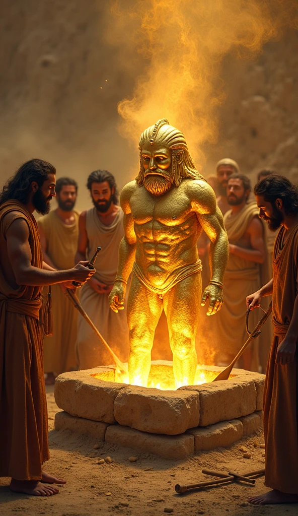 The Golden Calf Being Forged Shows the Israelites gathered around a great forge in the desert. Some are molding and carving the golden calf under Aaron's guidance. The environment is hot and covered in dust, with rudimentary tools and molten gold being poured into molds.