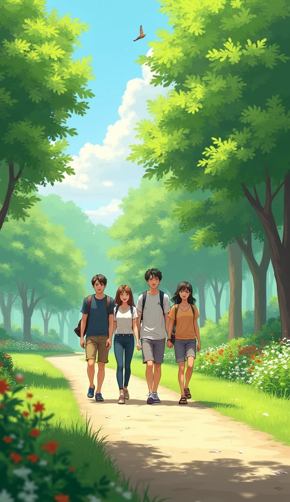 4 People walking in a park.
