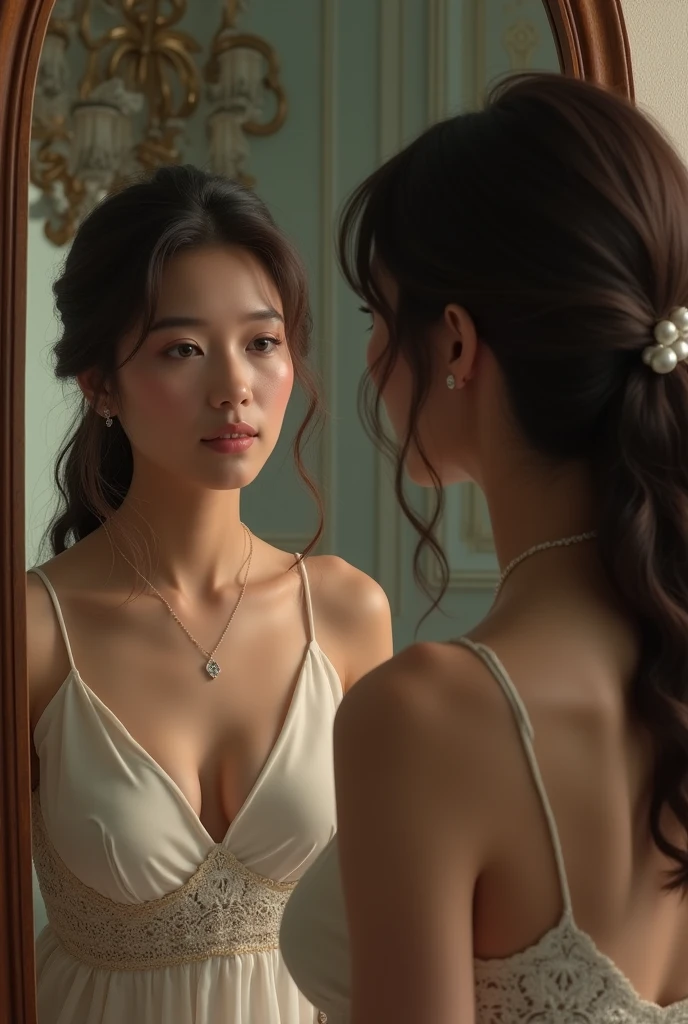 A lady looking at her  self in mirror 