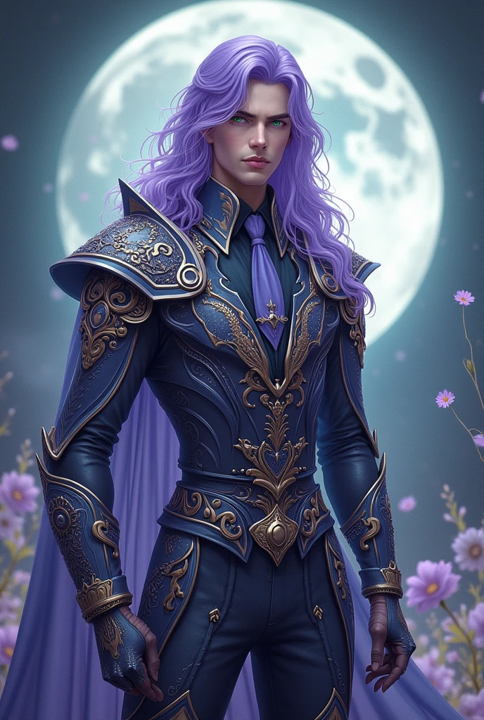 Exquisite illustrations、Ultra detailed、k hd、Handsome and noble、Elegant man、Elegant Pose、holy paladin_Gothic suit、purple long hair、Green eyes. warriors、fantasy、A WORLD、Delicate moon bodysuit,With sparkling armor decorations,detailed tail,Instantly decorate in layers,Detailed valleys,Verbose mode,Full moon background,Break Beautiful
