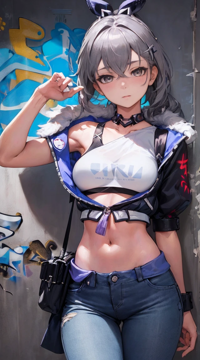 beanie,belt,big breasts,cybernetics,g-string,glasses,high tagia,jacket,micro bikini,revealing clothes,skimpy,visible breasts