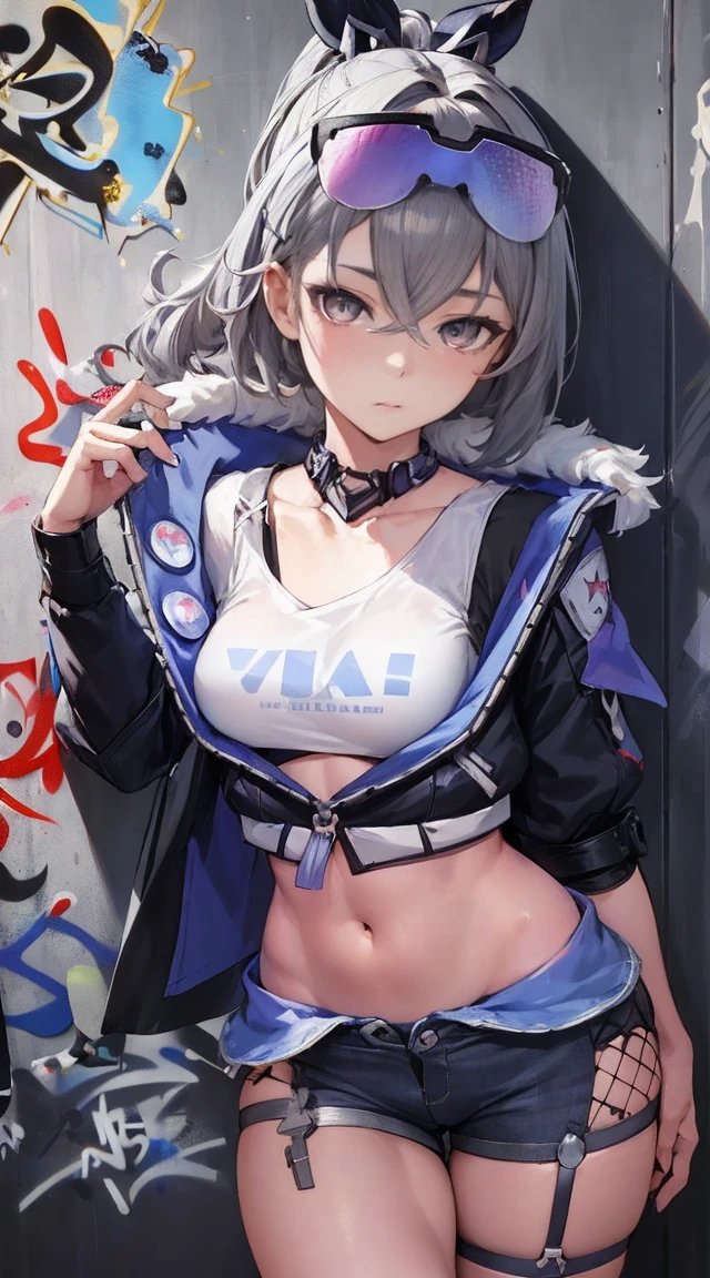 Silver wolf|honkai Star rail, master-piece, bestquality, 1girls,2, proportional body, elongated legs, Beautiful, proportional., crop top, Long Jeans, mediuml breasts, ,bara, crop top, choker, (Graffiti:1.5), Splash with purple lightning pattern., arm behind back, against wall, View viewers from the front., Thigh strap, Head tilt, bored,(NSTDA.:1.2), (10, beste-Qualit, master-piece: 1.4), Beautiful red hair, ultra-high resolution, (lifelike, photorealistic portrait: 1.48), 20 age, Cute Girl, (Looking Through Crop Tops.), Famous Japanese actors, beautiful clear eyes, Head tilt, cowboy shot, from the front, looking at the audience, expressionless, Beautiful lake, Zeiss 150mm F/ 2.8 Hasselblad,  Whole body, foot, Ultra-Wide Angle,