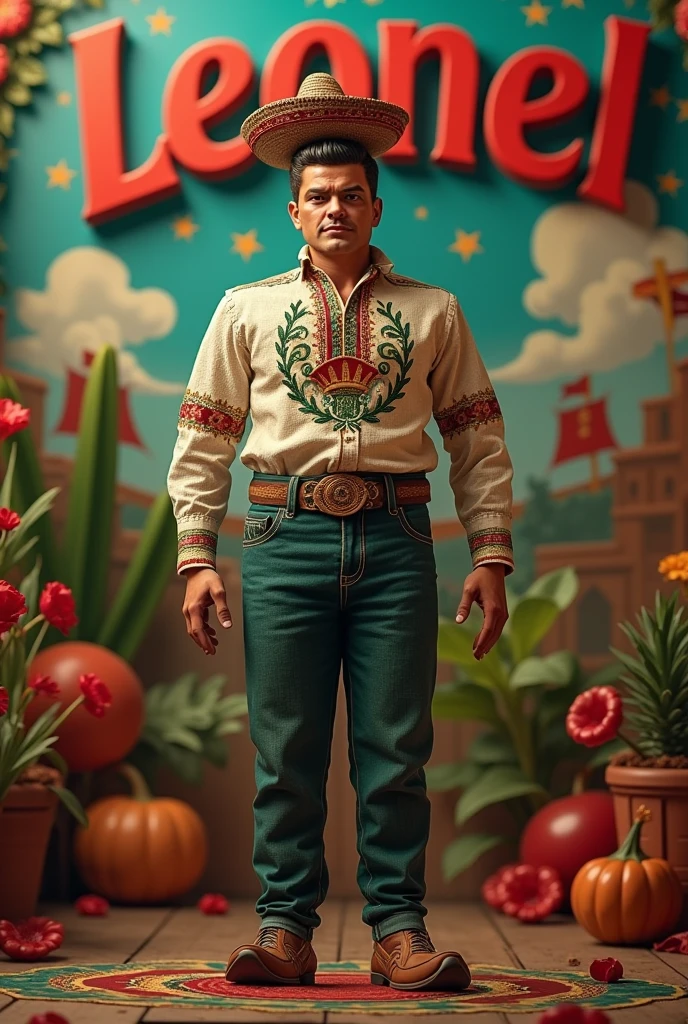 
I want an image of a man in the shape of a doll of the Mexican patriotic month with the name Leonel in big letters Leonel 
