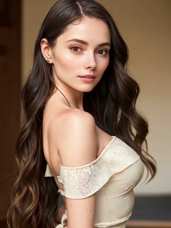 full waist up pose of 2 European girl, RAW, beautiful woman, realistic:1.3 ,semi-open strawberry lip, dimples, wistful expression, perfect sexy figure , (brown hair with extra long wavy), ((detailed skin texture ), ((detailed facial features)), (fine detailed skin), pale skin, (off-the-shoulder crop top dress)