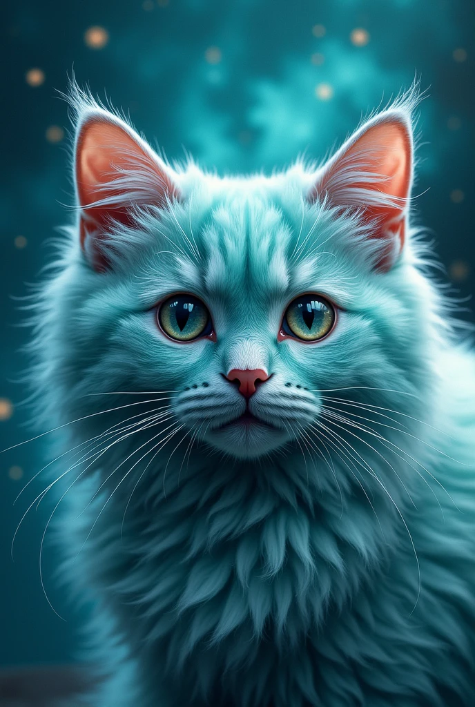 create a turquoise cat, fluffly, realisitic, looking straight ahead, with beautiful eyes, zoom in on the cat's face, super realisitic, hair details, turquoise galaxy background