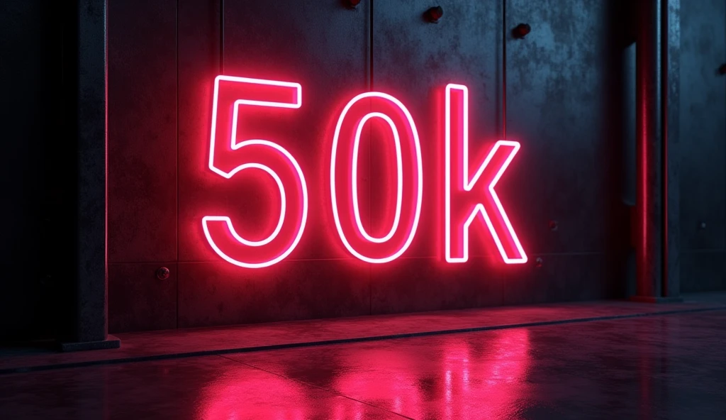Background black texture, metal, light neon saying "50K"