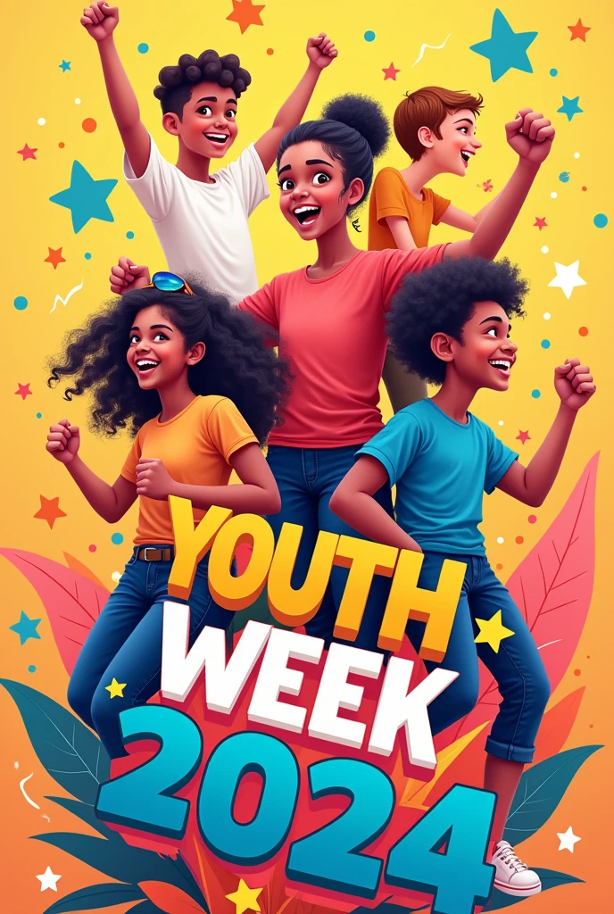 Design a colorful and cheerful image that includes the text 'Youth Week 2024'. The image should evoke a youthful and festive atmosphere, using a bright color palette and graphic elements such as confetti, stars and young people enjoying activities. Make sure the text is prominent and well integrated into the design, with a striking and attractive style