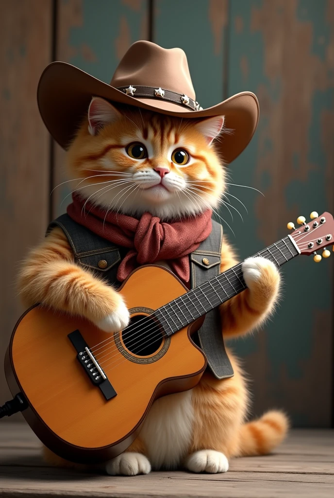 A cat playing guitar whit a cowboy hat 
