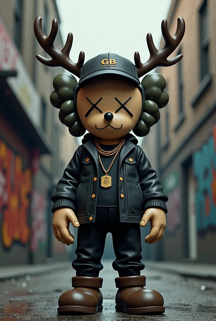 A 3D render art toy of GB streetwear clothing brand. The art toy is a buck whit kaws-style design. The buck is wearing a GB hat, a necklace, and hip-hop style clothing. The background is a gritty urban setting with graffiti.