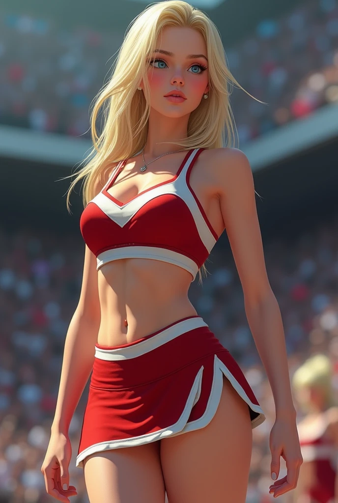 1 very young looking skinny girl in shot posing , very slim tight skinny super model bod, 16y,ng braided ponytail blond, in a high school stadium, wearing a sexy escort high school satin cheerleader uniform bare shoulders with sleeves with cheerleader miniskirt with bows, very toned abs with navel piercing, 16y fa, big silicone tits and bare cleavage, flirting