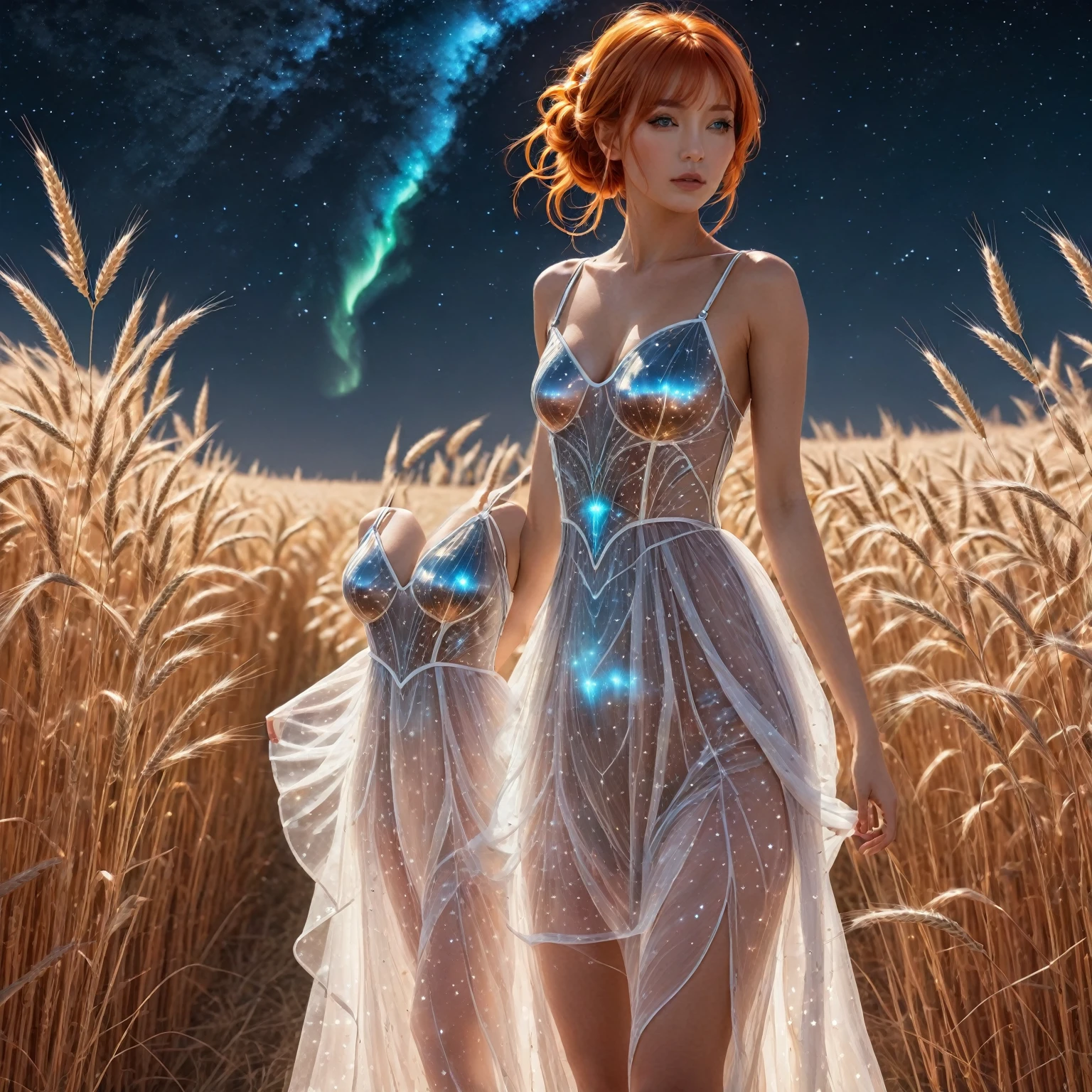 1 girl, alone, long orange hair, standing looking at the sky, revealing white dress, tight dress, starry night, night with northern lights, on a wheat background, sexy body. sensual. shy pose, embarrassed, embarrassed face, a lot of wind, air.(general theme: (sci fi movie)),(multiple themes)(complex details)(very high quality,4k,8K,high resolution,masterpiece:1.2) , ultra detailed, Realistic, photoRealistic:1.37, hdr, HD, studio lighting, extreme detailed description, Professional, vivid colors, bokeh, best, quality, Realistic, higres, masterpiece:1.2), an attractive woman (2) ,(dyed orange hair)), flowery desert[sci-fi|fantasy], gorgeous eyes, silky complex lingerie, she is looking at the night sky, full body tempting body, amazing, full body, full body, show her off head to toe translucent outfit.