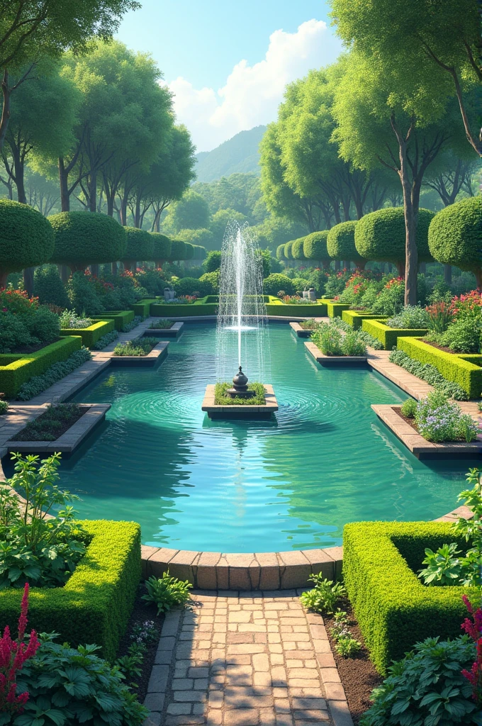 Talk about the neatly trimmed hedges and the herbs and vegetables growing around the pond.
Describe any additional features like the fountain and the sounds it makes.
