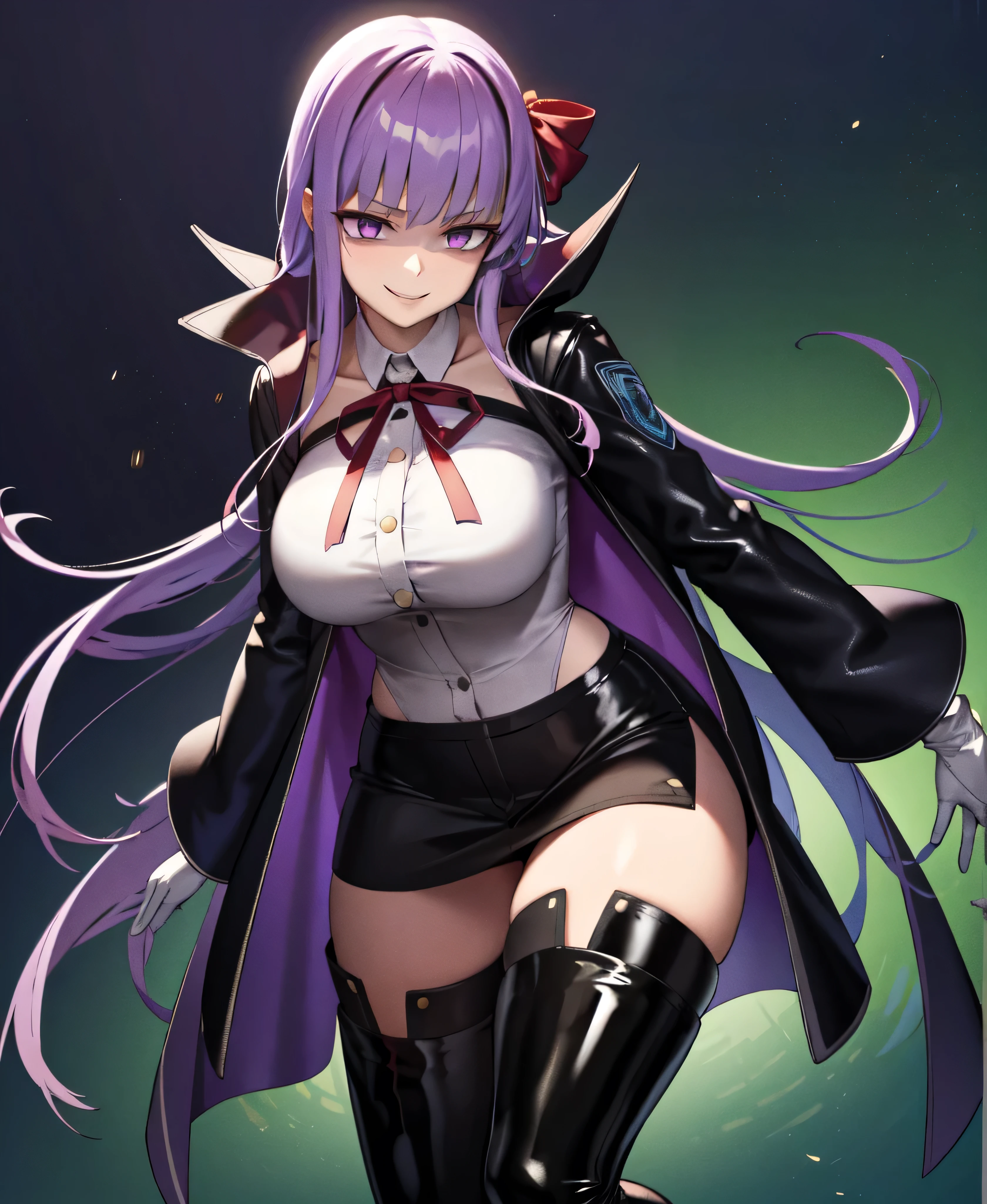  Isoscale, Mid Shot,  night, ,,, Purple Hair, Black jacket, White shirt, Black Skirt, Red ribbon, Big Breasts, Purple eyes, White gloves, Long Hair, Large collar, Wicked Smile,,Thigh-high boots,(Wicked Smile:1.3),Highly detailed CG Unity 8k wallpaper, Perfect lighting,,Looking down at the viewer,,Anxious smile,Black and purple world background,Dark shadowed face(Eyes in the shadows),solo,Yandere,latex,masterpiece, Highest quality, High resolution, One person,View your viewers,look down,Release black darkness from your hands,Embodiment of evil