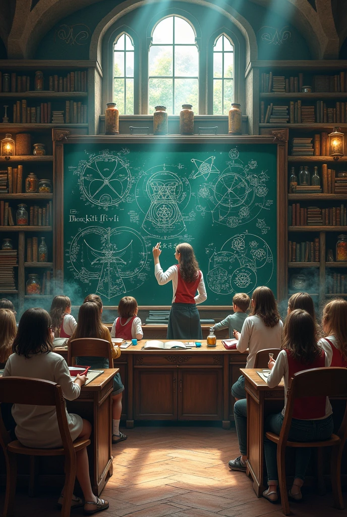 School Class of Magic, with a teacher&#39;s board on which there is a lot of text