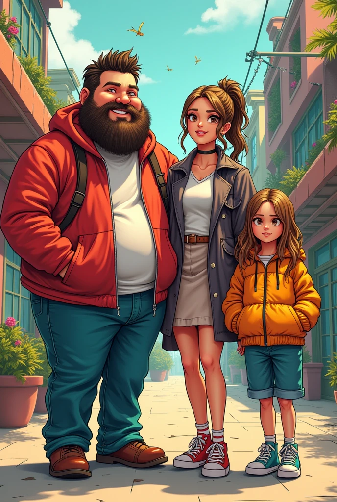 Family of four: a chubby father with a beard, a skinny mother with matted hair, a girl and a girl, manga with stylish clothes