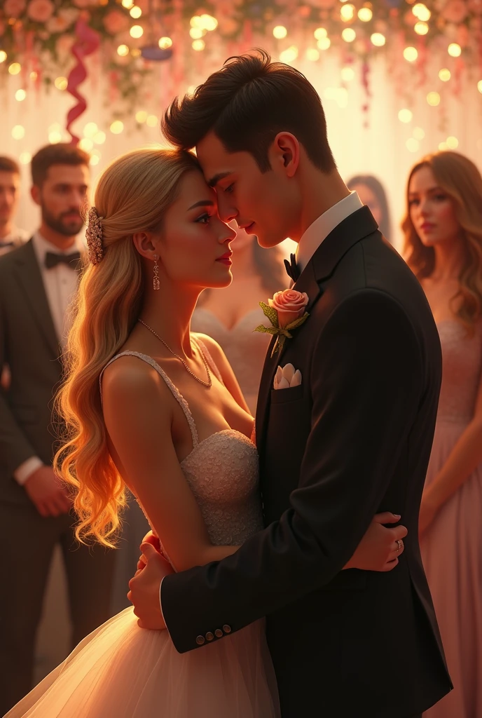 (Photorealism:1.2), man in a suit dark brown hair brown eyes hugging a woman blonde green eyes long hair wearing a very beautiful dress at a wedding party 8k ultrarealistic photorealistic super detailed the best possible