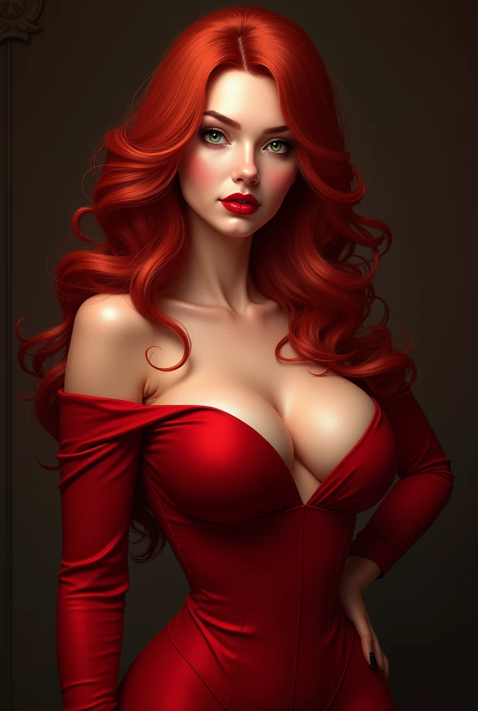 Create the image of a red-haired woman with green eyes, long hair, large breasts, red lipstick and a low-cut red outfit 