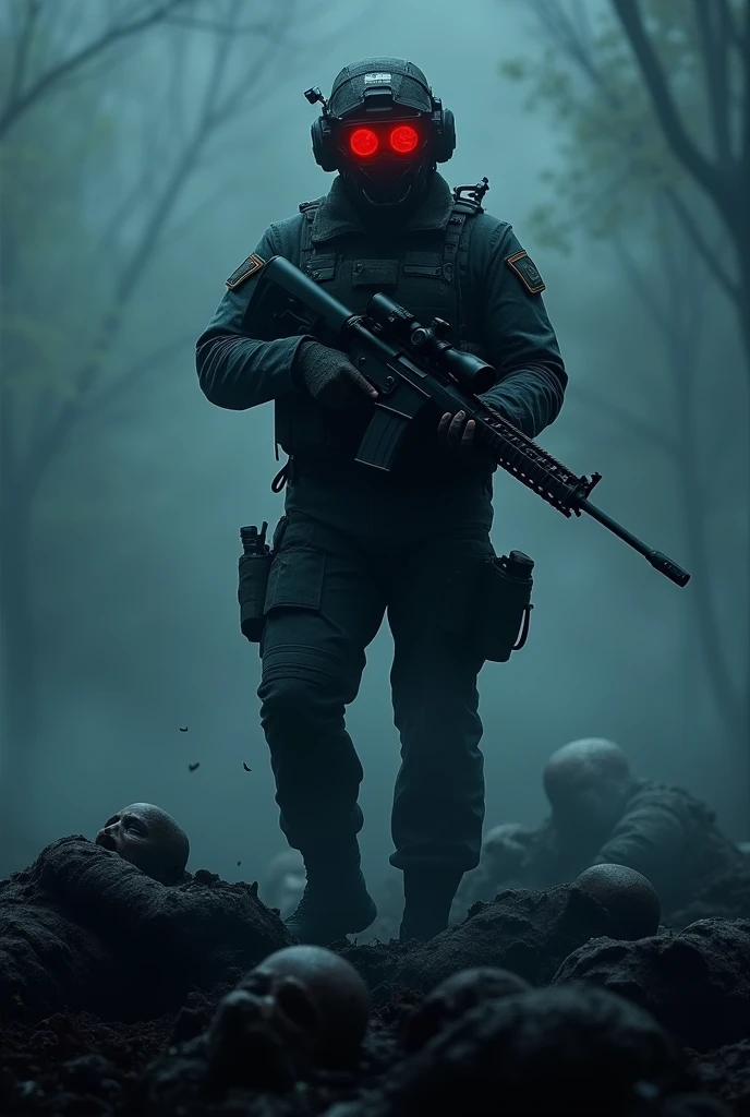 A soldier, with a sniper in one hand, during at night, on a pile of bodies, the player is wearing a dark camouflage skin and is wearing a helmet with infrared vision, realistic styling
