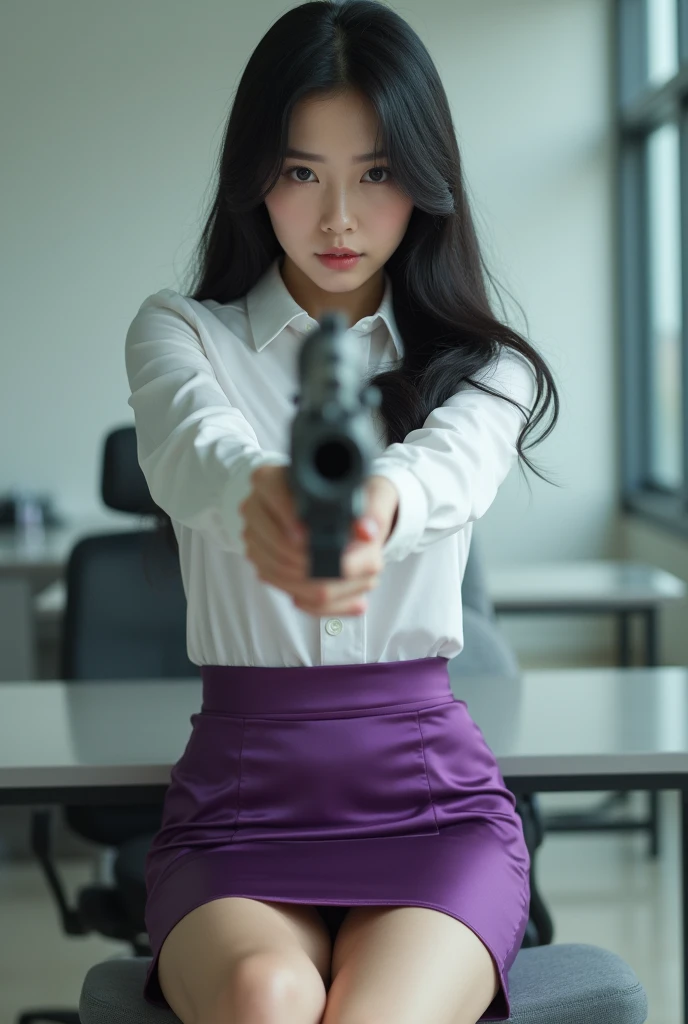 camera back view facing real person eyes open realistic beautiful korean office lady white shirt tight mini skirt satin violet stance legs open spreading arms straighten full portrait holding rifle gun back view facing sexy legs waist level aiming target point at you