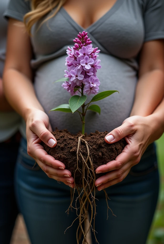 Image of a couple's hands holding a lilac flower from the ground with its roots in the belly of a pregnant woman