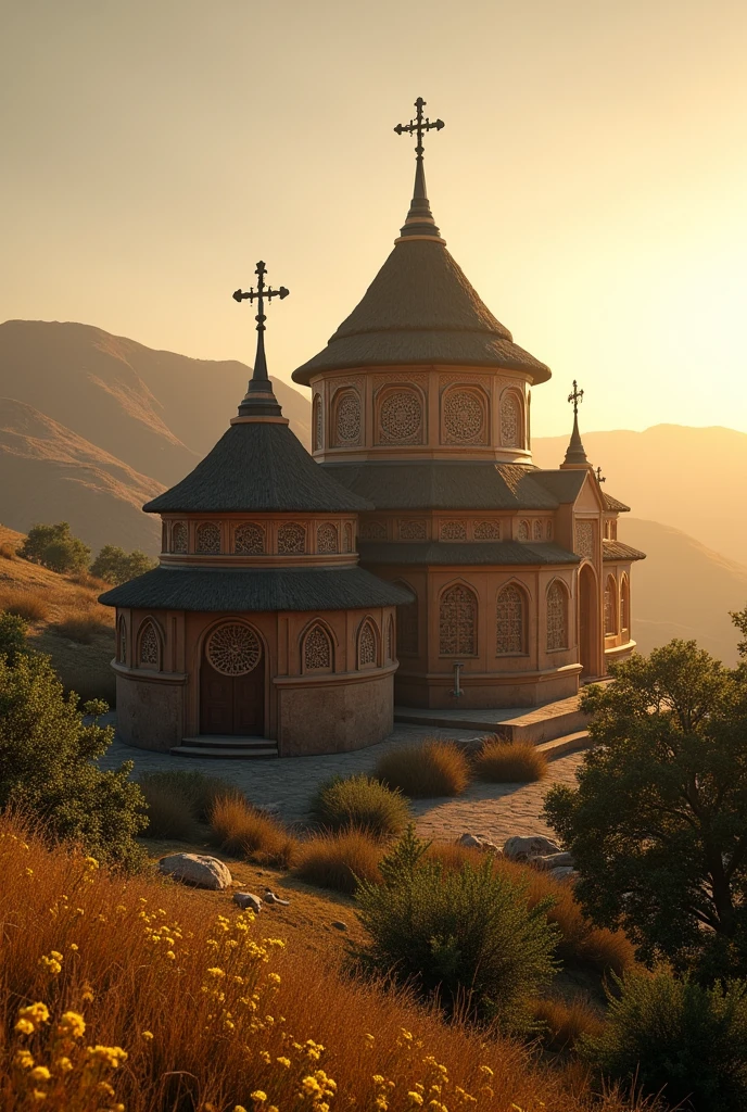 Create an image depicting an intricately detailed Ethiopian Orthodox Church. The architecture is traditional, with its unique dome, and dense geometric patterns adorning its exterior. Thatched roofs speak of the region's authenticity. Tall, slender crosses reach towards the sky from the peak of the dome. Surrounding the church is a beautiful landscape composed of the highlands with rolling green hills, vibrant shrubs, and wildflowers swaying in the gentle breeze. The sun is setting, casting a warm, golden hue onto the scene, creating dramatic and enchanting shadows.