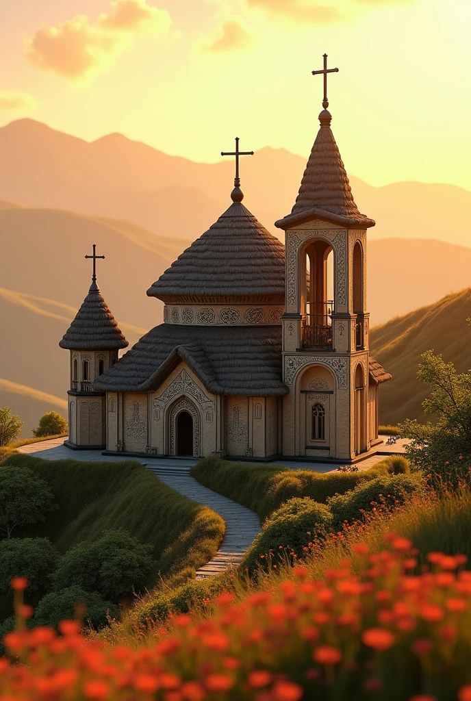 Create an image depicting an intricately detailed Ethiopian Orthodox Church. The architecture is traditional, with its unique dome, and dense geometric patterns adorning its exterior. Thatched roofs speak of the region's authenticity. Tall, slender crosses reach towards the sky from the peak of the dome. Surrounding the church is a beautiful landscape composed of the highlands with rolling green hills, vibrant shrubs, and wildflowers swaying in the gentle breeze. The sun is setting, casting a warm, golden hue onto the scene, creating dramatic and enchanting shadows.