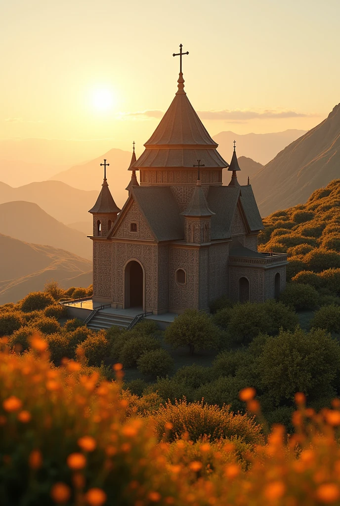 Create an image depicting an intricately detailed Ethiopian Orthodox Church. The architecture is traditional, with its unique dome, and dense geometric patterns adorning its exterior. Thatched roofs speak of the region's authenticity. Tall, slender crosses reach towards the sky from the peak of the dome. Surrounding the church is a beautiful landscape composed of the highlands with rolling green hills, vibrant shrubs, and wildflowers swaying in the gentle breeze. The sun is setting, casting a warm, golden hue onto the scene, creating dramatic and enchanting shadows.