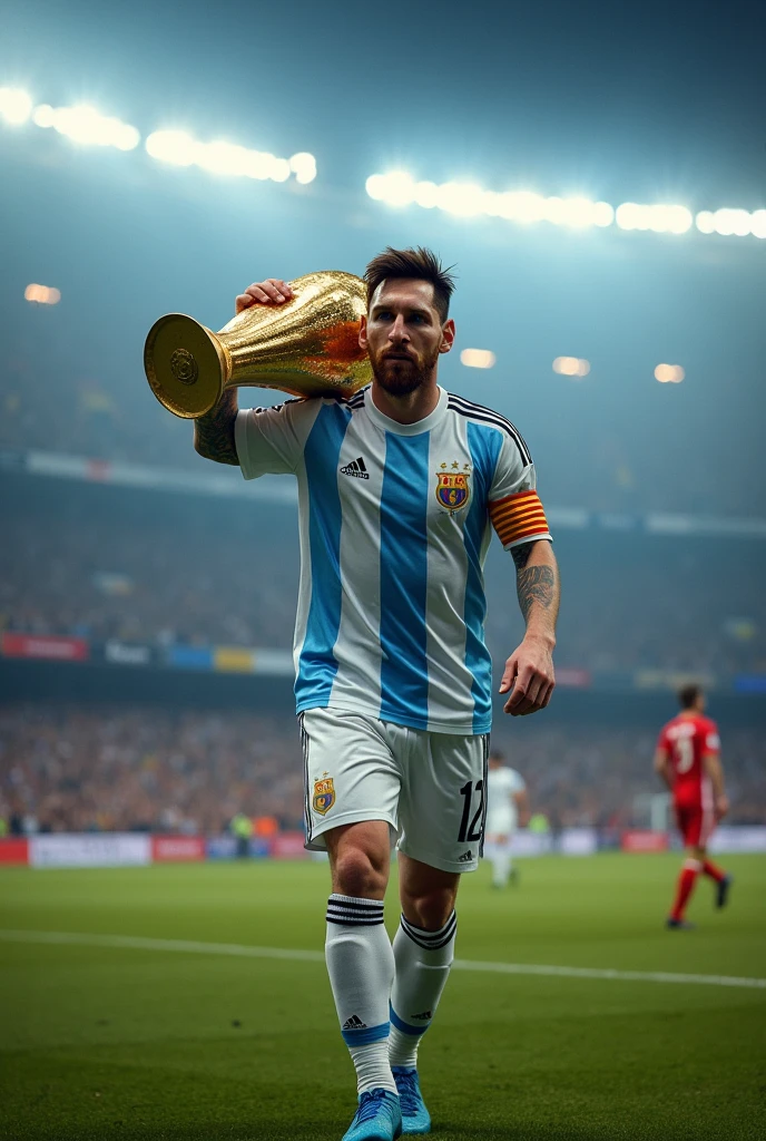 An image of Liones Messi entering the Santiago Bernabéu stadium with the World Cup on his shoulder