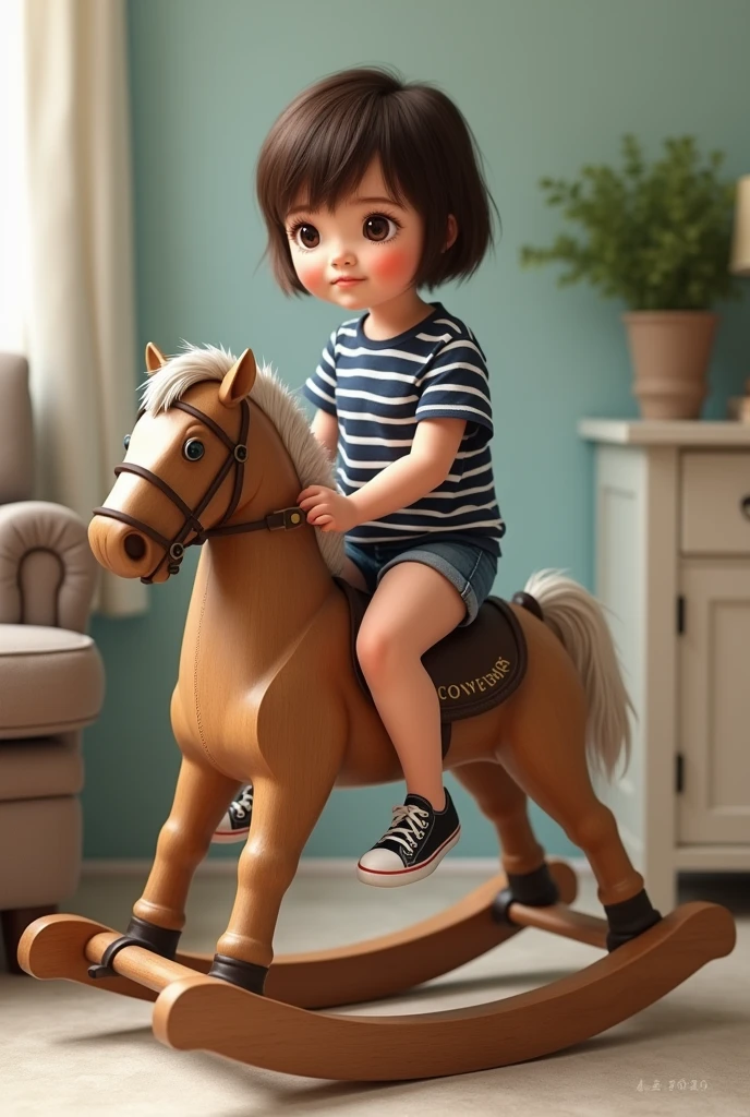 sitting on rocking horse short black hair dark brown eyes fair skin navy blue and white striped shirt jean shorts black converse sneakers
