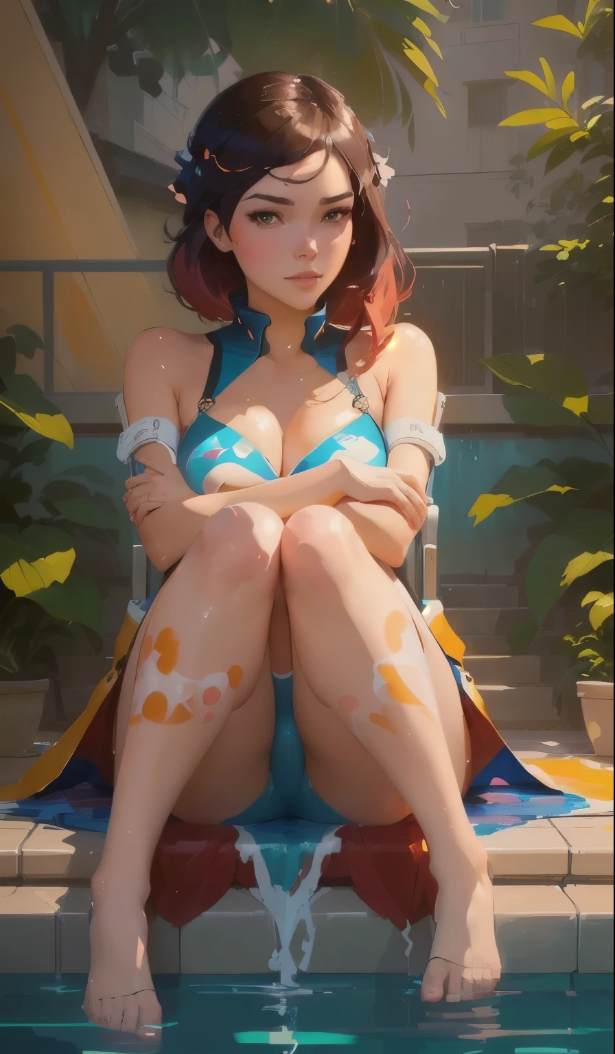 painting of a woman sitting in a pool with her legs crossed, painted in anime painter studio, artgerm and atey ghailan, beautiful character painting, made with anime painter studio, loish and wlop, guweiz on artstation pixiv, artwork in the style of guweiz, guweiz on pixiv artstation