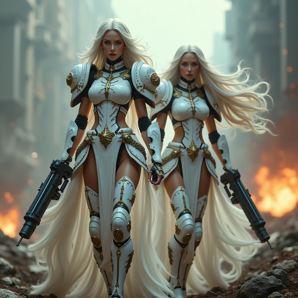 Full body pose sexy sisters of battle from the warhammer 40k, shooting at the enemy, white space marine armor with intricate details, religous symbols on the armor, sisters of battle, warhammer 40k, Massive silicone breast, pale skin, seductive, temptation, eat your soul, clevage, long white flowing hair with red highlights, long white flowing hair with purple highlights, heavy gothic makeup, at night, neon, beautiful detailed eyes, beautiful detailed lips, extremely detailed eyes and face, long eyelashes, highly detailed armor, intricate futuristic weaponry, dramatic lighting, cinematic composition, muted color palette, gritty and realistic, mecha, science fiction, hyper-detailed, photorealistic, award winning digital art, 8k, HDR, masters work, in the middle of a battle field, full body combat action pose, explosions and fire around, full war, stunning, Stilleto heels, high heels, full body pose, cinematic, movie trailer, final stand!, nemesis, ready to strike, dust and debree, combat screams, attacking, shooting at the enemy, running forward, last line of defense, charging, fanatic, religious, templar knights, sisters of battle, warhammer 40k