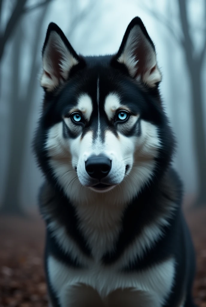 Husky noir et blanc avec un oeil veyron et l'autre marron dans le brouillard, Réaliste