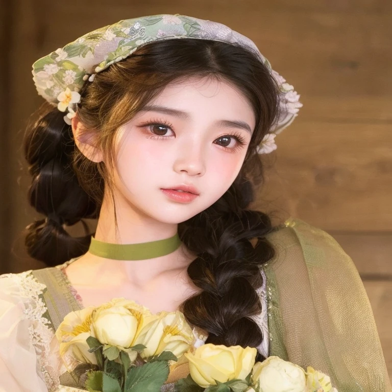 there is a woman with a flower in her hand and a hat on, ulzzang, pigtails hairstyle, two pigtails hairstyle, sakimichan, xintong chen, young adorable korean face, high quality portrait, guweiz, lovely delicate face, young cute wan asian face, inspired by Huang Ji, yanjun chengt, light green tone beautiful face