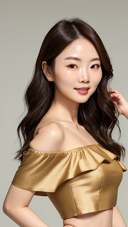 full waist up pose of 2 korean asian girl, RAW, beautiful woman, realistic:1.3 ,semi-open strawberry lip, dimples, wistful expression, perfect sexy figure , (brown hair with extra long wavy), ((detailed skin texture ), ((detailed facial features)), (fine detailed skin), pale skin, (off-the-shoulder crop top dress)
