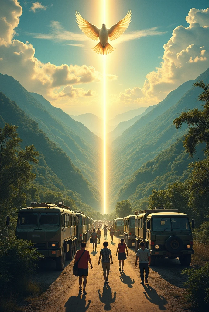 make an image in 16 format:9 that illustrates the transition from war to peace of the armed conflict in Colombia right in the middle of these two sides put a beam of light and a dove in the middle with a sign that says the word truth.