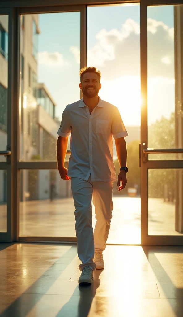 2 one Man leaves the hospital smiling, he has a very healthy body. He walks out of the shiny glass doors. (Scene: Hospital exit, sunny day, cheerful atmosphere)