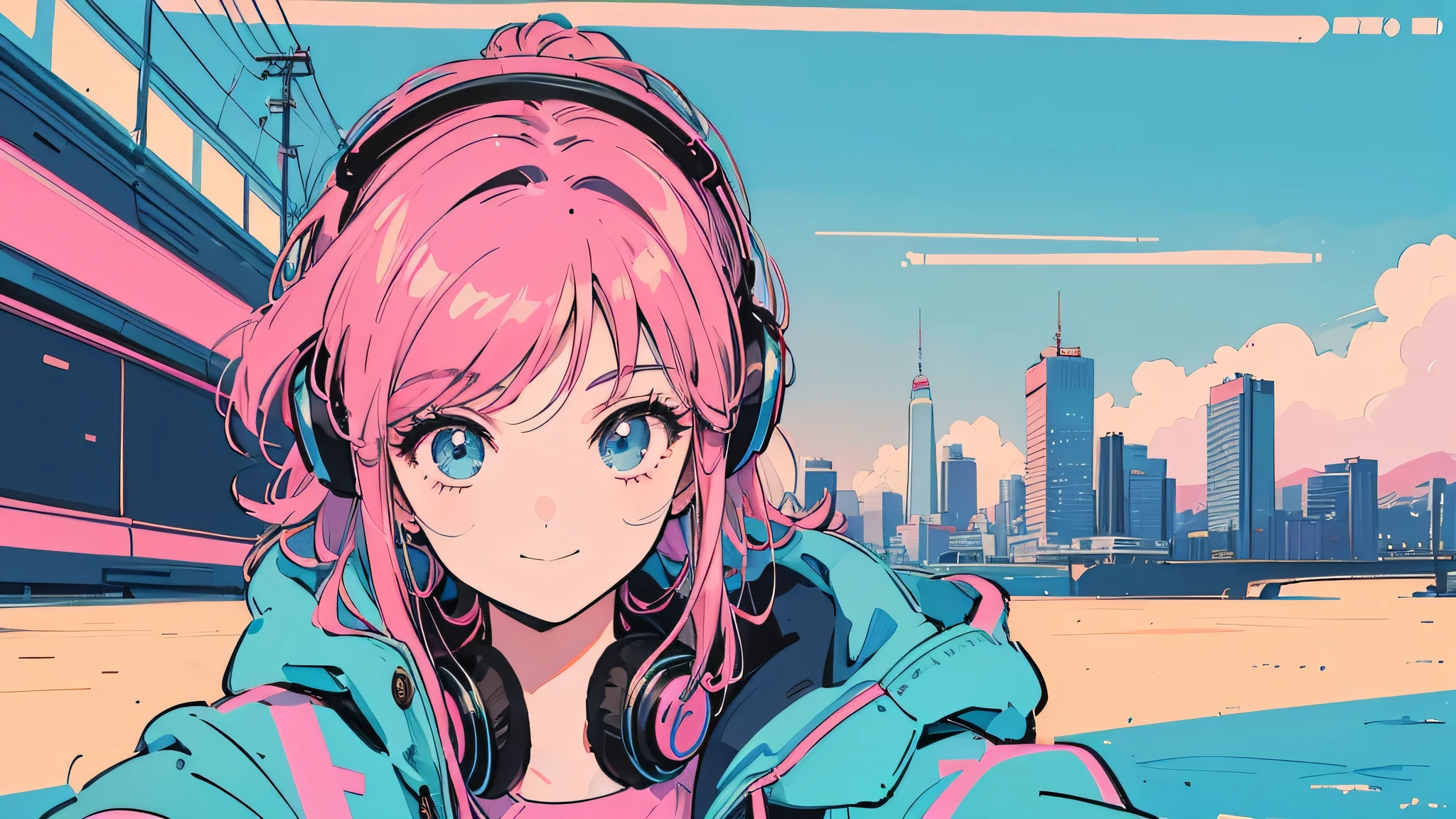 80's, Retro, City Pop, masterpiece, Highest quality, Novel, anime, Neon Art, Close-up, One girl, Smiling, wearing headphones,Background of the riverbed