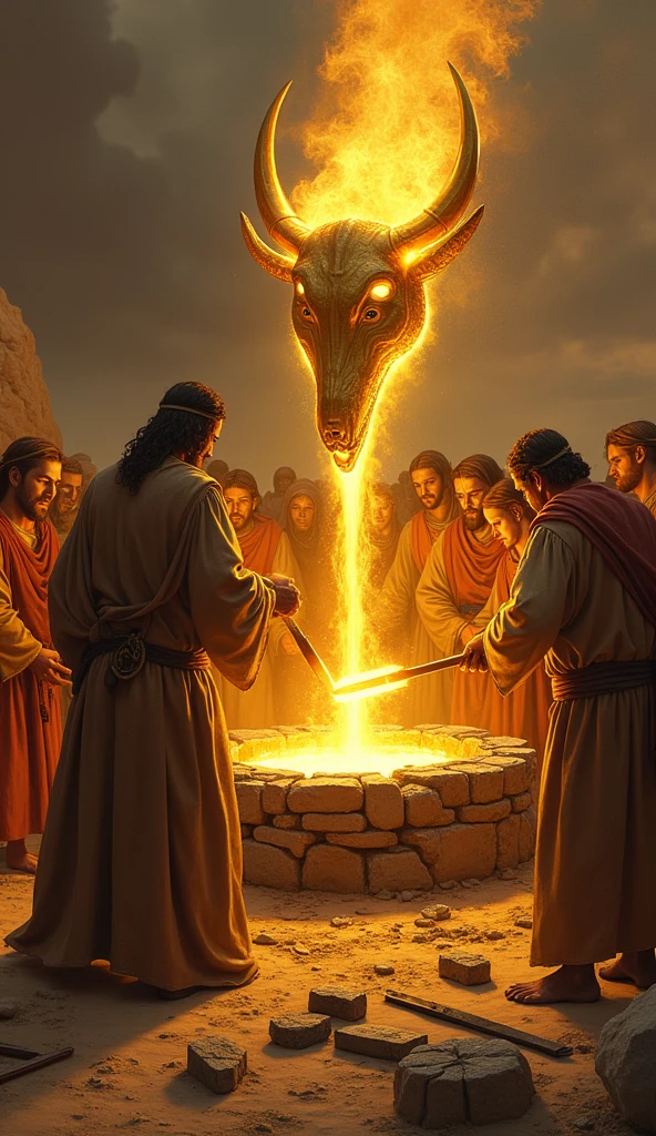 The Golden Calf Being Forged Shows the Israelites gathered around a great forge in the desert. Some are molding and carving the golden calf under Aaron&#39;s guidance. The environment is hot and covered in dust, with rudimentary tools and molten gold being poured into molds.