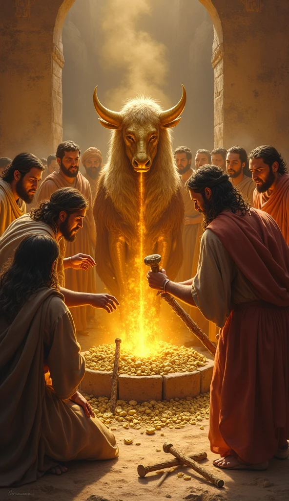 The Golden Calf Being Forged Shows the Israelites gathered around a great forge in the desert. Some are molding and carving the golden calf under Aaron's guidance. The environment is hot and covered in dust, with rudimentary tools and molten gold being poured into molds.