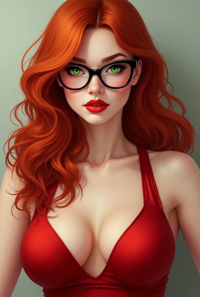 Create the image of a red-haired woman with green eyes wearing glasses, long hair, big breasts, red lipstick and a low-cut red outfit 