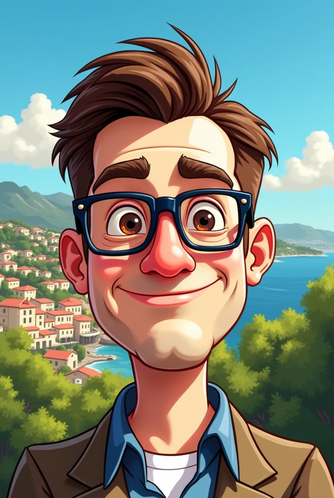 2D CARTOON DRAWING OF A MAN WITH SHORT BROWN HAIR ON THE SIDES, White skin, WITH GLASSES BROWN EYES WITH SICILY BACKGROUND