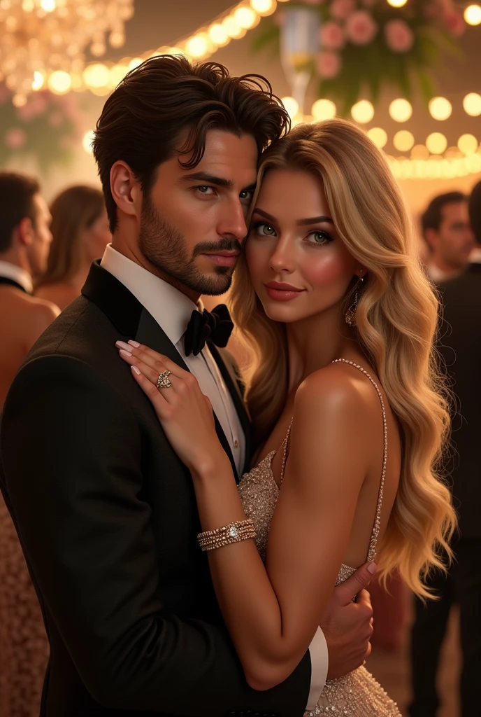(Photorealism:1.2), man in a suit dark brown hair brown eyes hugging a woman blonde green eyes long hair wearing a very pretty dress at a party 8k ultrarealistic photorealistic super detailed the best possible